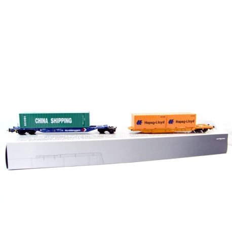 H0 - dvojitý plošinový vůz Sdggmrs 744 DBAG naložený dvěma 20´ kontejnery Hapag Lloyd a jedním 40´ China Shipping